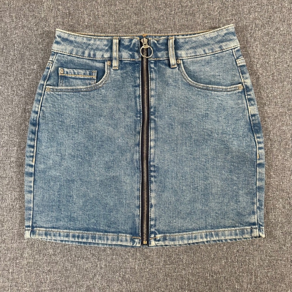 Garage Blue Denim Mini Skirt XS TP Front Zip Jean Y2K Retro Cotton Stretch Skirt